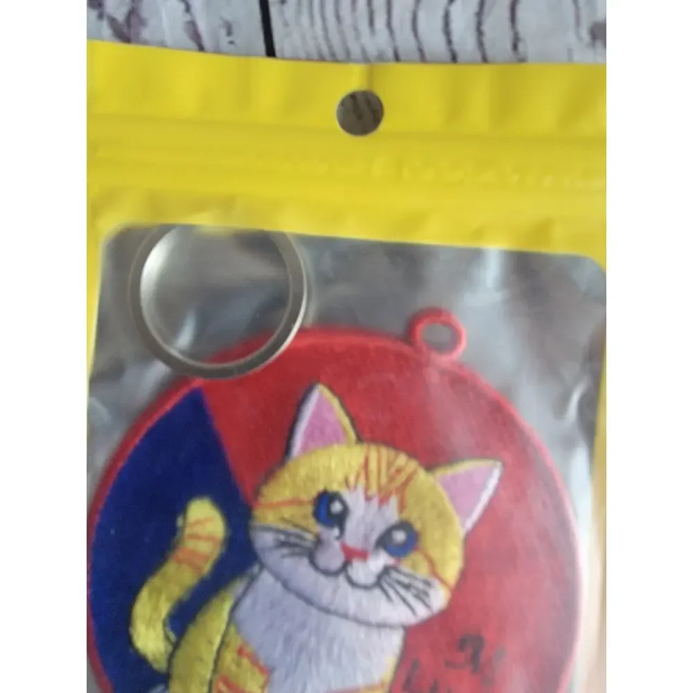 Circular embroidered patch cartoon orange tabby cat Keychain Backpack Charm